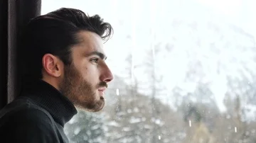 Confident man at mountains, looking at landscape Stock Footage 85803694
