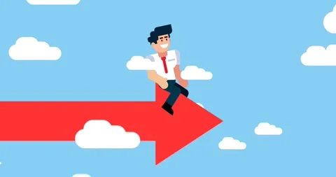 Confident Man Sitting on a Moving Red Arrow Through Clouds Video stock 314322908