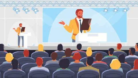 Confident man speaker talking before audience at conference Stock Illustration