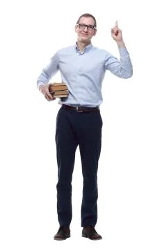 Confident man with a stack of books pointing at you. 스톡 사진