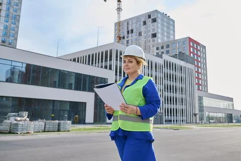 Confident mature female engineer developer inspector at construction site Foto stock