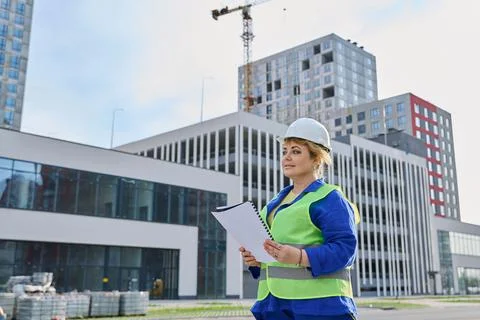 Confident mature female engineer developer inspector at construction site Foto stock
