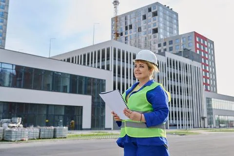 Confident mature female engineer developer inspector at construction site Foto stock