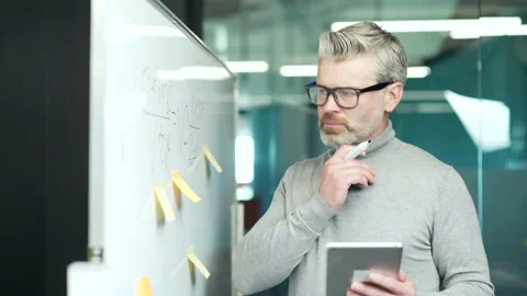 Confident mature gray haired bearded businessman in glasses planning a project  Stock Footage 232575171