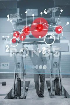 Confident mechanic standing under futuristic interface in black and white Stock Photos