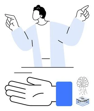 Confident Person Gesturing, Hand Presented, Brain Analyzing Data Layers Stock Illustration