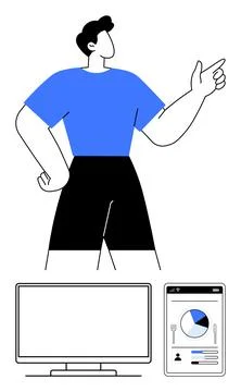 Confident person pointing forward with digital devices displaying data Illustrazione stock