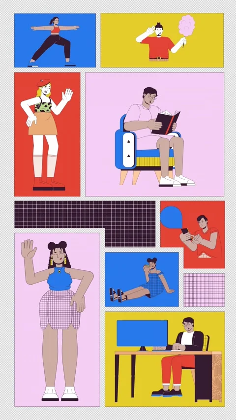 Confident plus-size lifestyle in bold animated bento grid layout Stock Footage 321354764