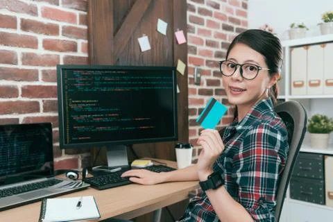 Confident pretty programmer design data coding Stock-Fotos