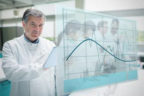 Confident scientist working with tablet and futuristic interface showing graph Stock Illustration