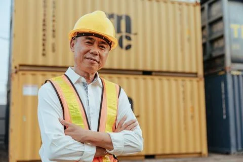 Confident smart Asian Export Cargo Shipping Businessman, Senior leader Logi.. Stock Photos