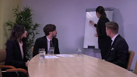 Confident smiling female director flip-chart writing business meeting scene view Stock Footage