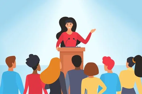 Confident speech of speaker in front of audience, young woman orator standing Stock-Illustration