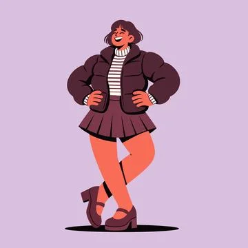 Confident Woman Posing in Puffer Jacket and Pleated Mini Skirt Stock Illustration