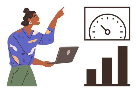 Confident woman presenting data analysis with laptop, speedometer, and bar chart Stock Illustration