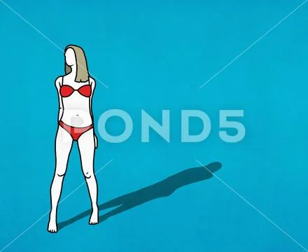 Confident woman in red bikini on blue background Stock Illustration