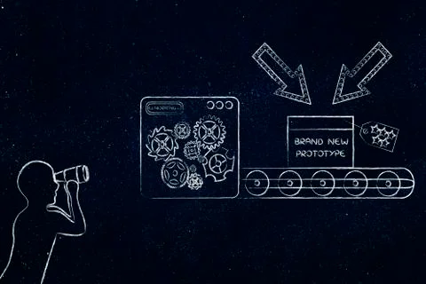 Confidential prototype &amp; man spying on it, concept of trade secrets Stock Illustration
