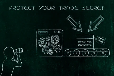 Confidential prototype &amp; man spying on it, concept of trade secrets Stock Illustration