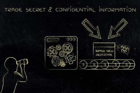 Confidential prototype &amp; man spying on it, concept of trade secrets 스톡 일러스트
