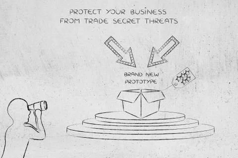 Confidential prototype &amp; man spying on it, concept of trade secrets Illustrazione stock