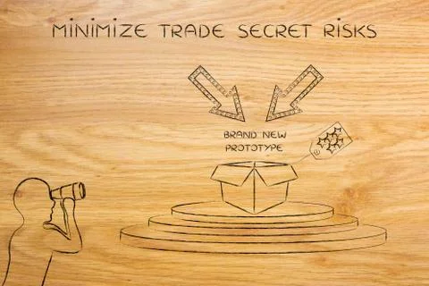 Confidential prototype &amp; man spying on it, concept of trade secrets Illustrazione stock