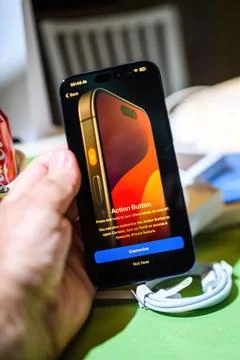 Configuring Action Button on Titanium iPhone 15 Pro Stock Photos