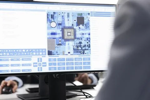 Configuring PCB electronic hardware setups, PC close up and systems architect Stock Photos