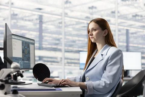 Configuring PCB setups, computer and female engineer in tech laboratory Stock Photos