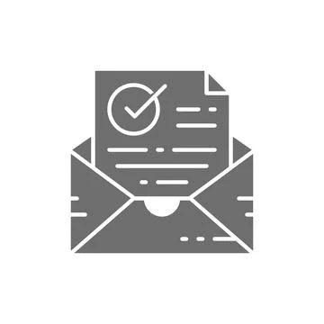 Confirmation letter, checked, envelope with check mark, verification grey icon. 스톡 일러스트