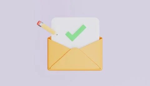 Confirmed document or email, Check mark icon in letter envelope with pen Stock Illustration