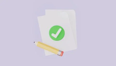 Confirmed or approved document, Check mark on paper note with pencil Stock Illustration
