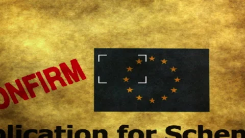 Confirmed Schengen Visa Application Form with EU Flag on Vintage Paper Back.. Stock Footage 335104162