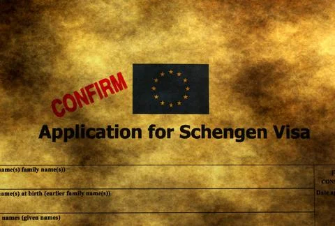 Confirmed Schengen Visa Application Form with EU Flag  Immigration Approval.. 写真素材