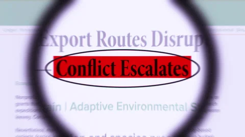 Conflict escalates fast sequence news articles headline title animation Video stock 332349342
