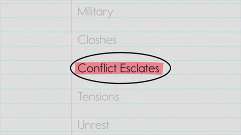 Conflict escalates highlighted text with documentary style title animation Video stock 332350261