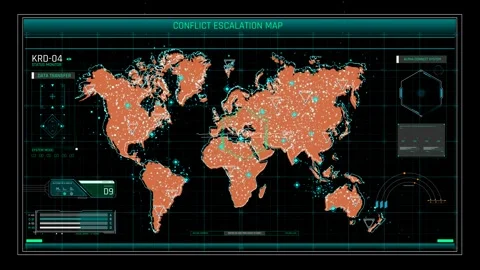 Conflict Escalation World Map HUD Interface with Cyber Data Transfer 動画素材 338433593