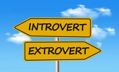 Conflict of Introvert vs Extrovert, Introvert - Extrovert signpost with sky back Stock Illustration