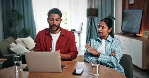 Conflict, laptop and remote work with couple in home together for finance Stock Footage 330161184