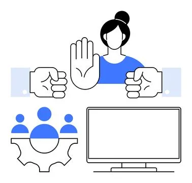 Conflict resolution and teamwork in the workplace with a focus on stopping .. Stock Illustration