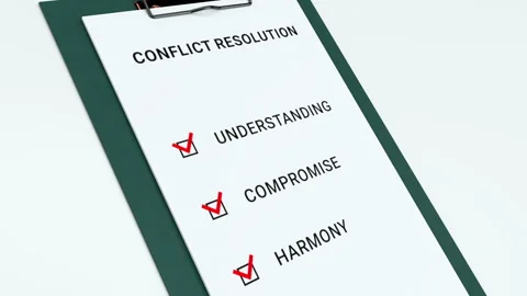 Conflict Resolution Clipboard Checklist understand compromise harmony writing Stock Footage 337624392
