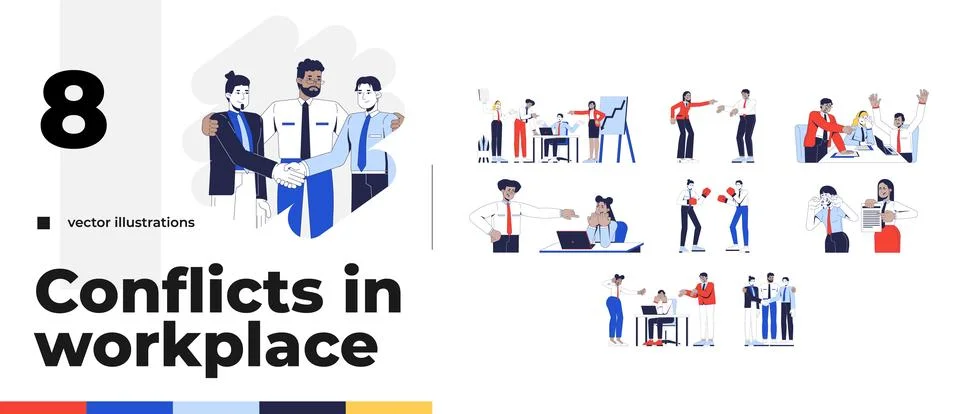 Conflicts in workplace cartoon flat illustrations bundle Stock Illustration