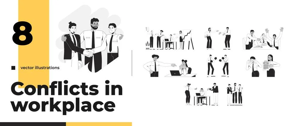 Conflicts in workplace outline illustrations bundle Stock Illustration