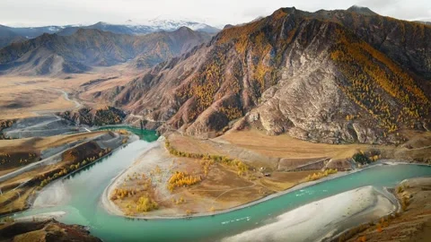 Confluence of Chuya and Katun river in Altai mountains, Siberia, Russia. Stock Footage 247075325