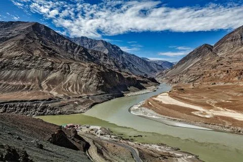 Confluence of Indus and Zanskar Rivers, Ladakh Stock Photos