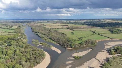 The confluence of the Loire and Allier rivers at Bec dAllier, France, aerial Stock Footage 346705360