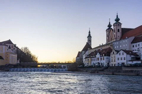 Confluence of river Enns and Steyr, Schloss Lamberg Castle, church Bürgers.. Stock Photos