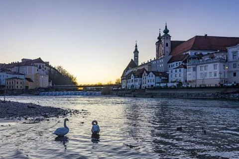 Confluence of river Enns and Steyr, Schloss Lamberg Castle, church Bürgers.. Stock Photos