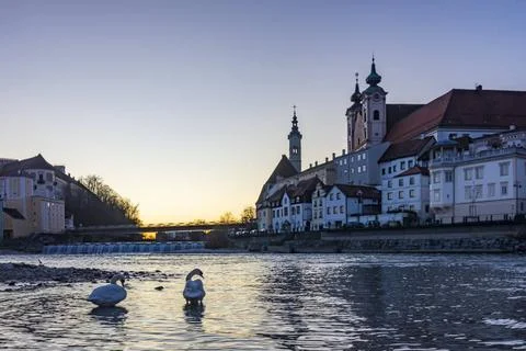 Confluence of river Enns and Steyr, Schloss Lamberg Castle, church Bürgers.. Stock Photos