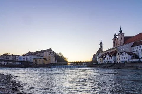 Confluence of river Enns and Steyr, Schloss Lamberg Castle, church Bürgers.. Stock Photos