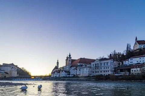 Confluence of river Enns and Steyr, Schloss Lamberg Castle, church Bürgers.. Stock Photos